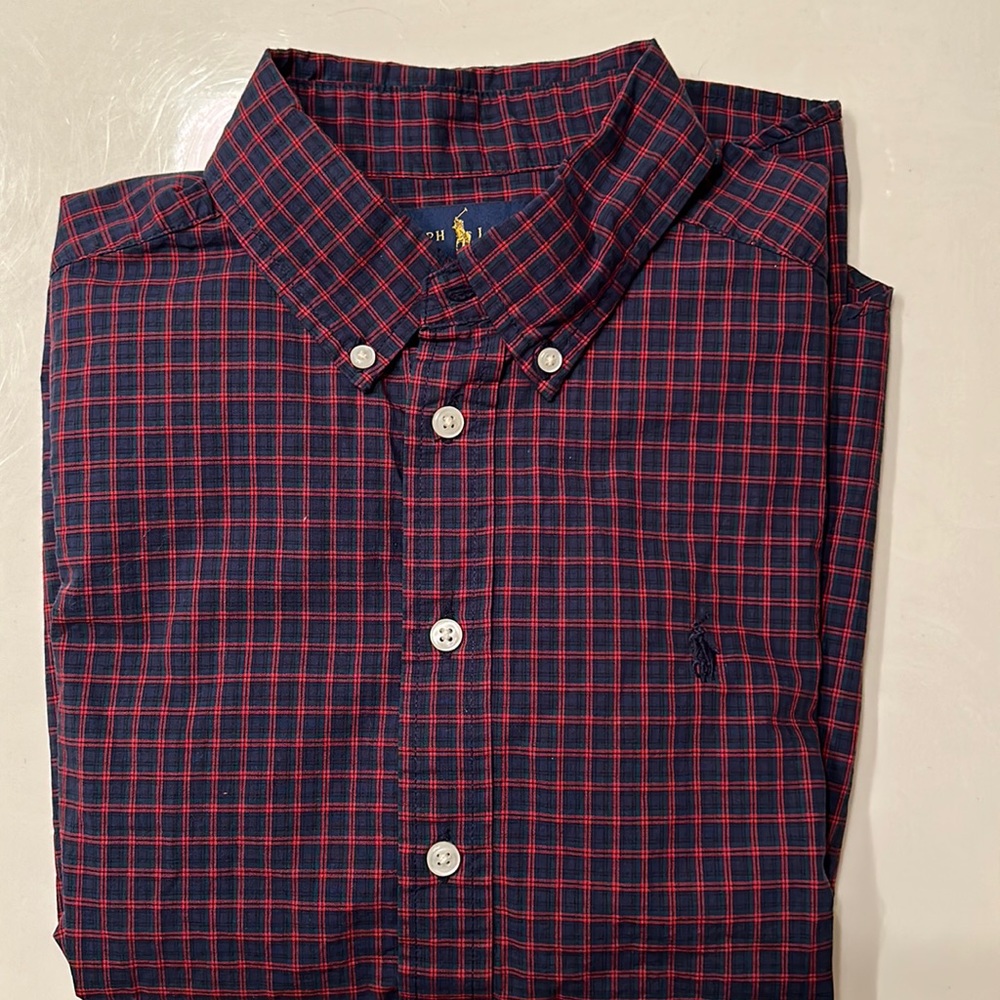 Ralph Lauren button down blue, red small plaid dress shirt (sz. 10-12)